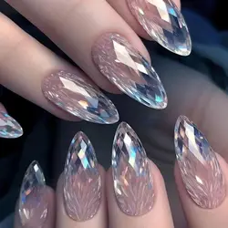 Manicure Long Almond Ballerina and Square False Nails Flowers Glitter Sun Moon Press on Nails French Dreamy Blue Nail Tips DIY