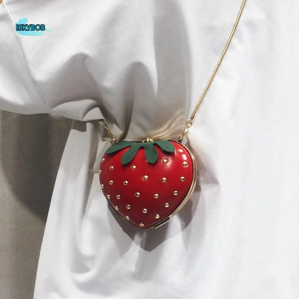 

Simple Pu Leather Strawberry Chain Shoulder Bag Purse Fruit Heart Shape Bag Rivet Handbag Crossbody Bag Students