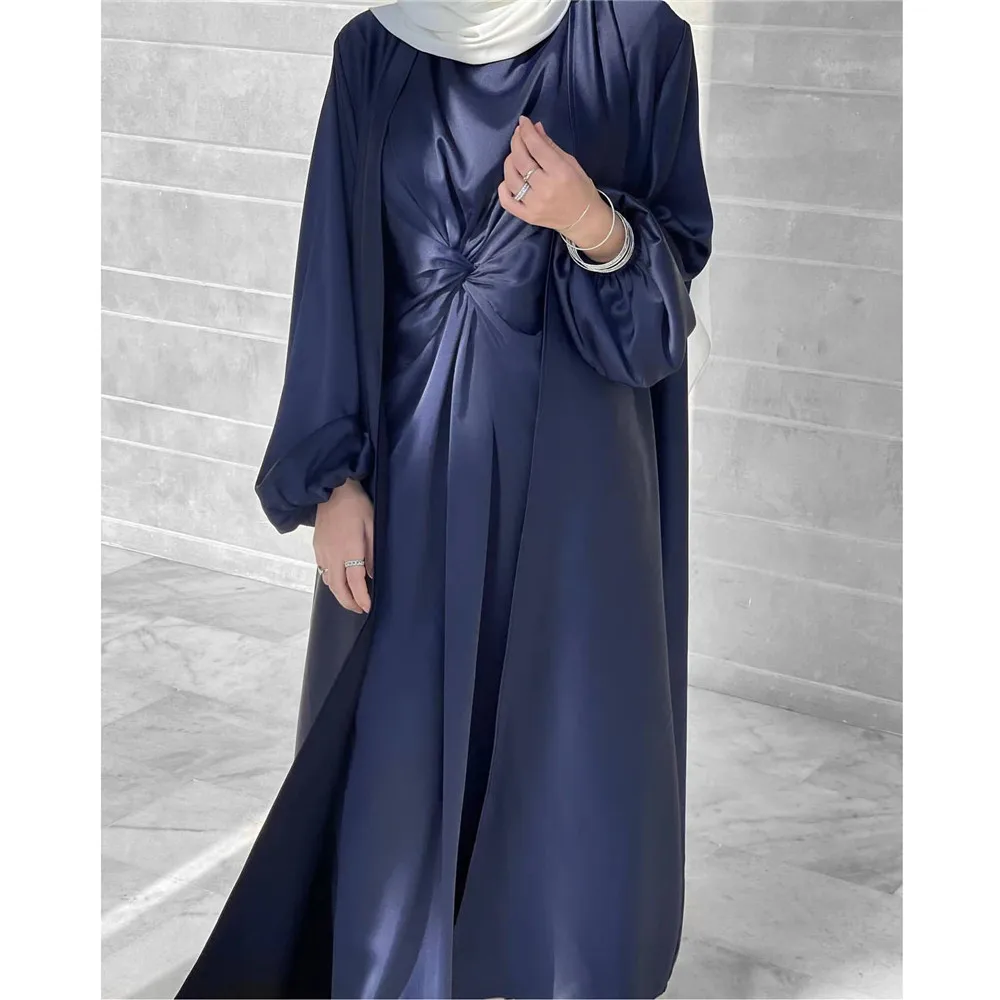 Muslim Hijab Dress Eid Satin Abayas 3 Piece Matching Sets Women Open Turkey Arab Robe Kaftan Kimono Femme Jalabiya Vestidos Gown