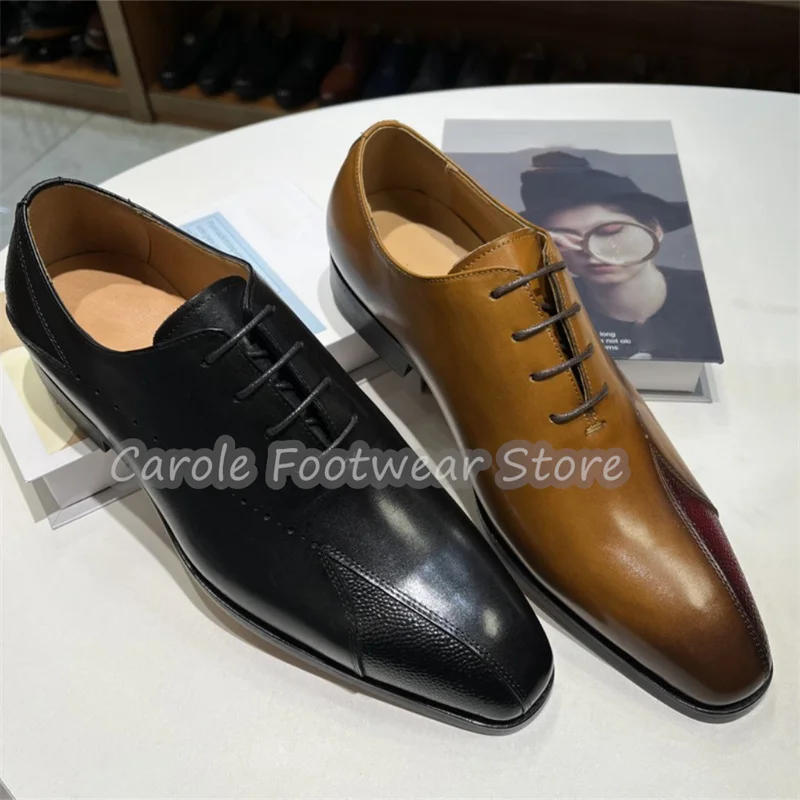 Handmade Genuine Leather Embroidery Loafers for Men Rivet Decor Metal Square Toe Chunky Heel Derby Shoes Male Dress Shoes