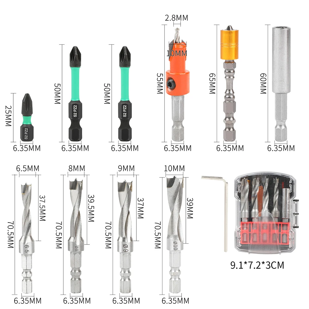

10 шт., набор сверл и отверток из быстрорежущей стали, деревообрабатывающее зенковковое сверло, отвертка, шестигранный хвостовик, магнитный удлинитель для дерева, металла