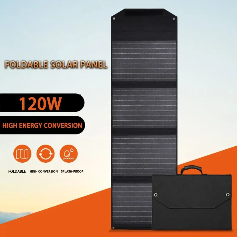 120W Solar Panel Portable Folding Bag USB+DC Output Solar Charger Outdoor Power Supply for Home Mobile Phone Power Generator