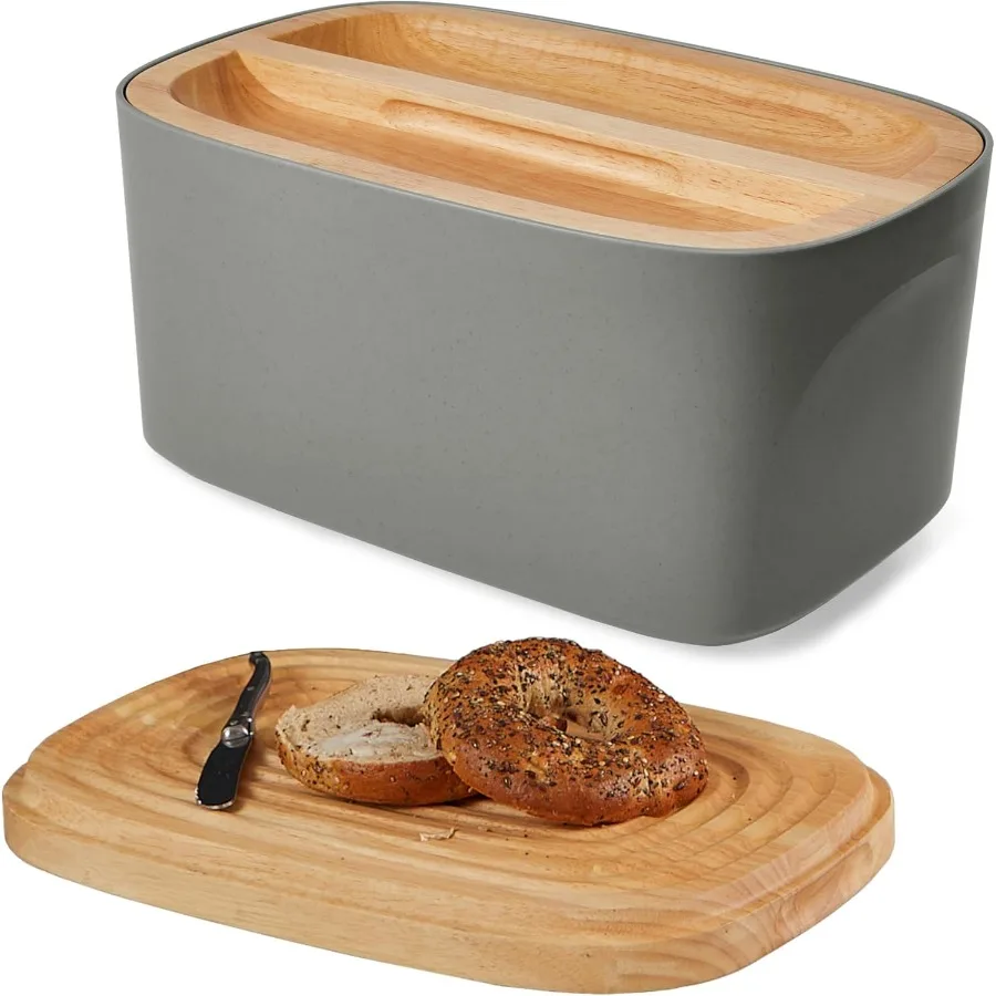 Sonder Los Angeles Modern Bamboo Fiber Charcoal Bread Box for Kitchen Countertop with Reversible Wood Serving Lid Homemade Brea