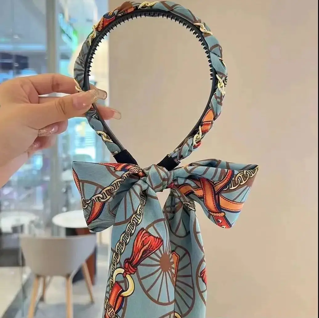 Retro chain satin fabric streamer tied hair one system braided hair headband headdress