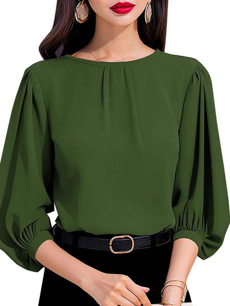 ZANZEA-camisas elegantes para trabajo de oficina, blusa de verano para mujer, Blusas informales de manga 3/4 con cuello redondo, Tops de trabajo OL lisos, camisa femenina