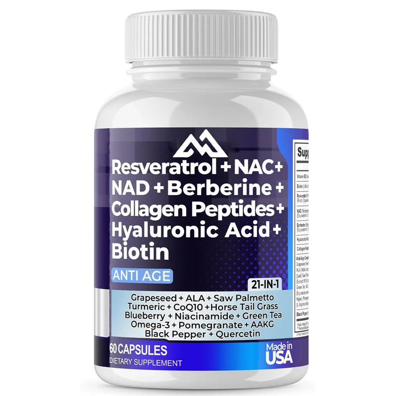 Resveratrol NAD Aspartate Hyaluronic Acid Grape and Blueberry Collagen Peptides Hair, Nail, Skin, and Joint Supplements Capsules