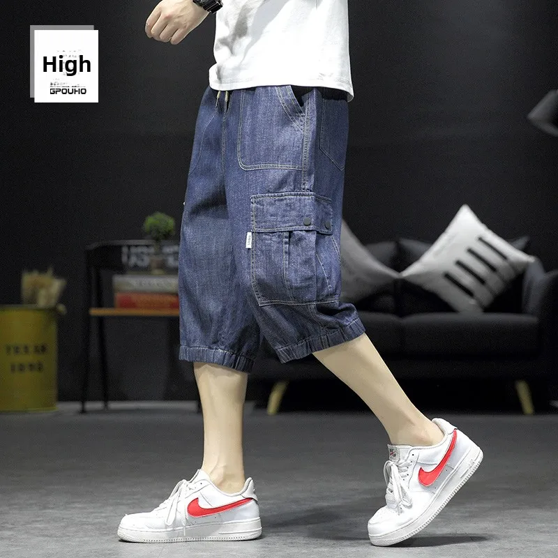 

Summer Thin Denim Seven-Foot Men's Casual Loose Fit Jeans Cotton Polyester Blend Low Waist Zipper Closure Straight Leg Pants