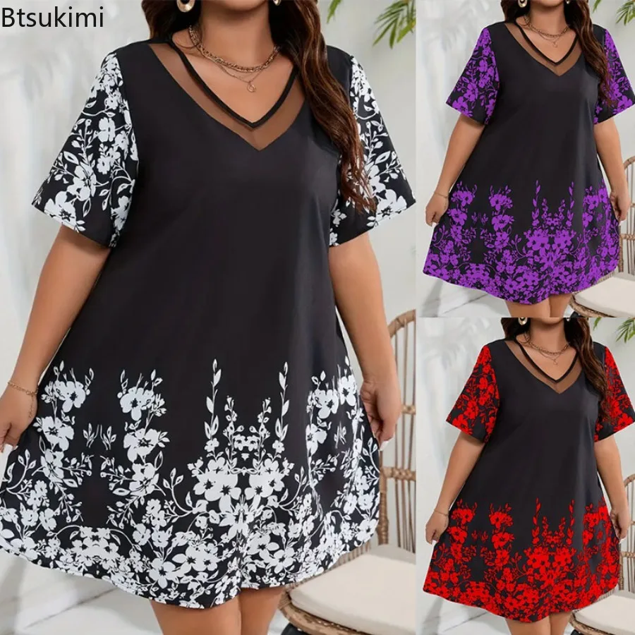 

New 2025 Women's Summer Bohemian Beach Dresses V Neck Short Sleeve Vintage Printed Oversized Dress Women Casual Short Dress Boho