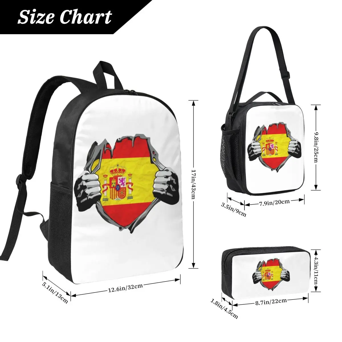 

Flag Of Spain Backpack Student Boys Girls BookBag School Bag Computer Shoulder Bags 3ps Insulated Lunch Bag Pencil Case