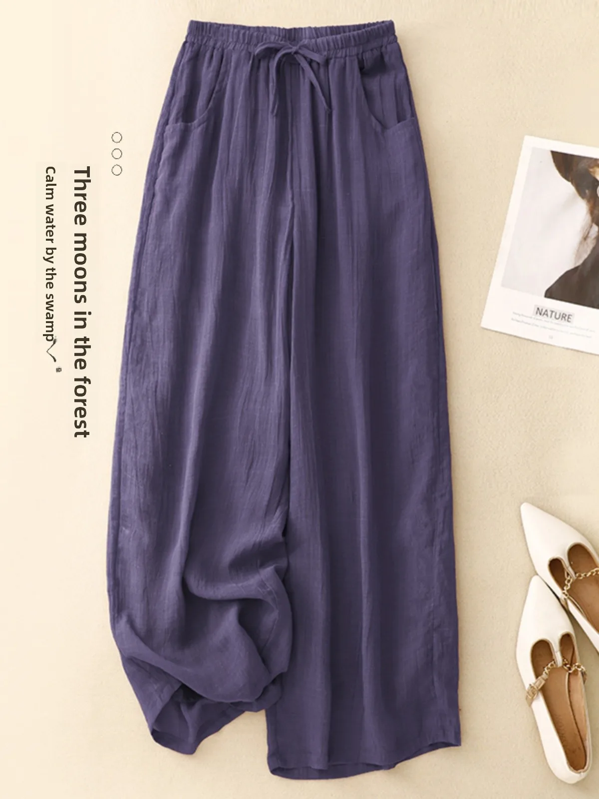 Pantalones de pierna ancha de cintura alta para mujer, falda holgada ajustada de lino y algodón elástico, pantalones informales rectos drapeados de doble capa para principios de otoño