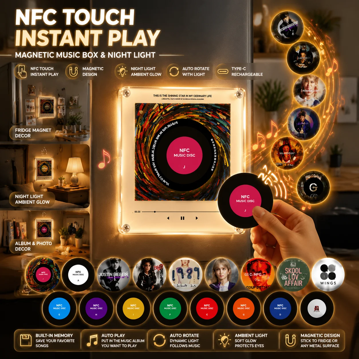 NFC Touch Instant Play Magnetic Music Box Night Light Auto Rotate Vinyl Record Player Fridge Magnet Music Album Decor Lamp