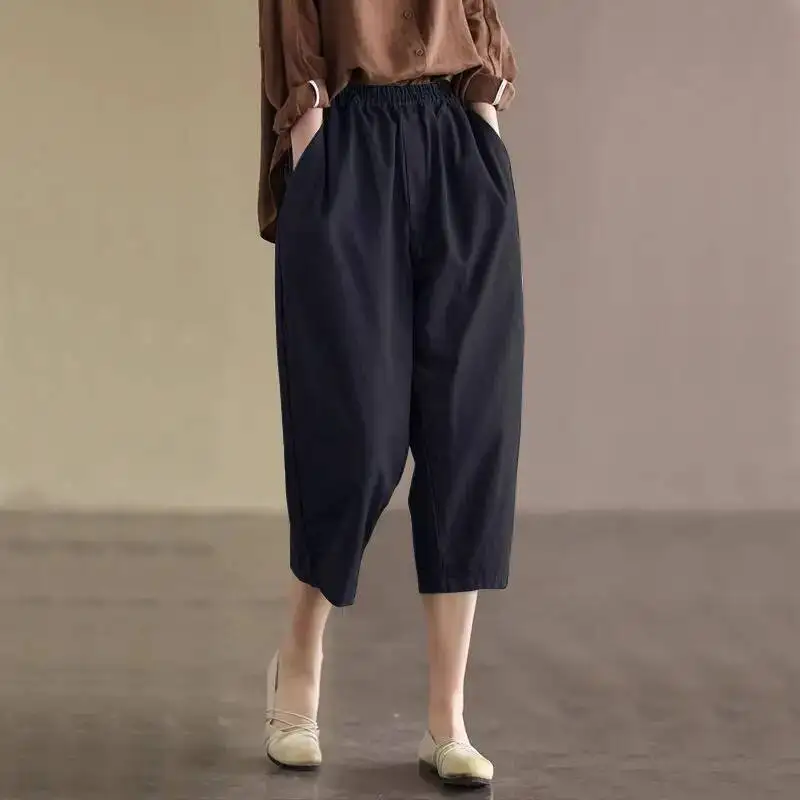 

Women Capris Pants Casual Baggy Trousers Elastic High Waist Pantalones 2025 Summer Korean Fashion Solid Harem Pants
