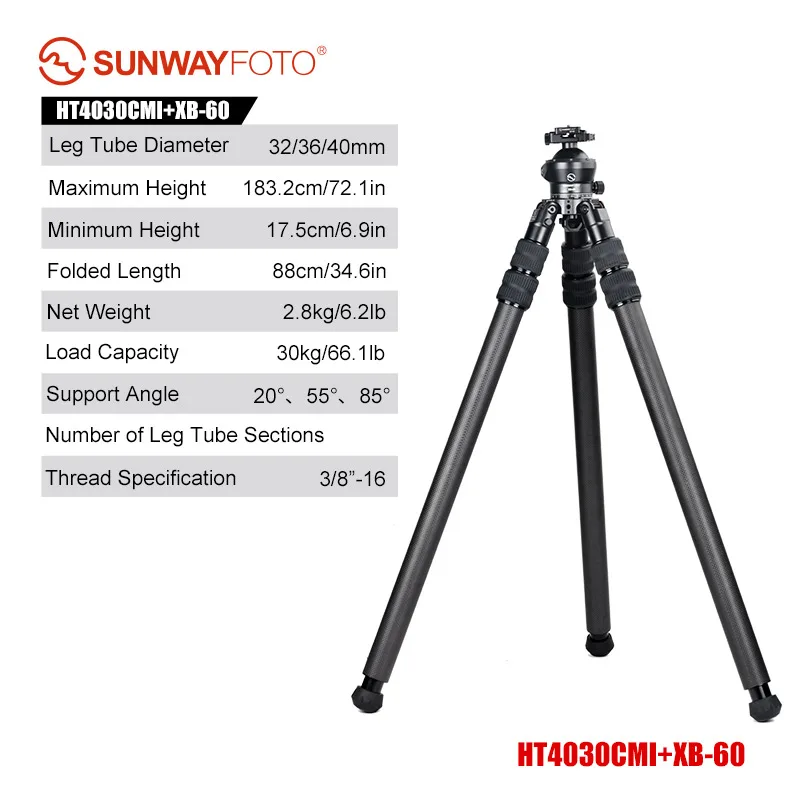 UNWAYFOTO HT4030CMI omgekeerde poten van koolstofvezel zonder middenkolom, 40 mm, 3 secties, 69'' hoog, belastbaar tot 66 lb. (30kg)