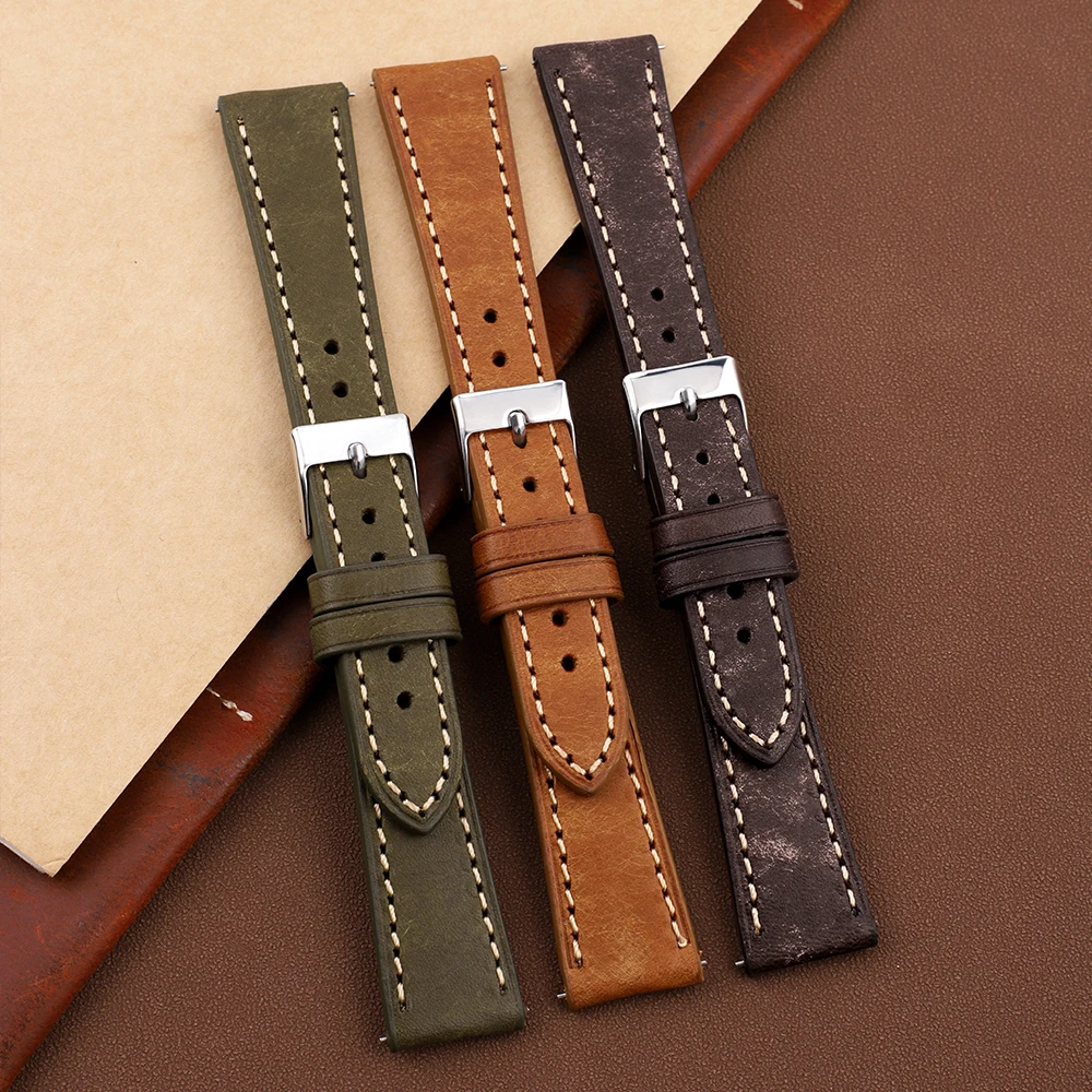 Nubuck Vegetable Tanned Cowhide Strap 18mm 20mm 22mm Universal Quick Release Leather Watch Band Breathable Sport Bracelet