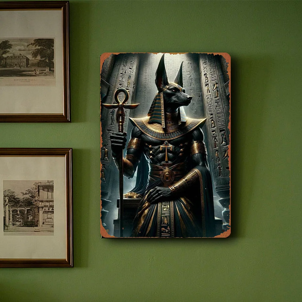 2D Vintage Metal Wall Art Sculpture, Ancient Egyptian God Anubis with Staff and Cross, Boho Modern Religious Symbol Decor for Ho