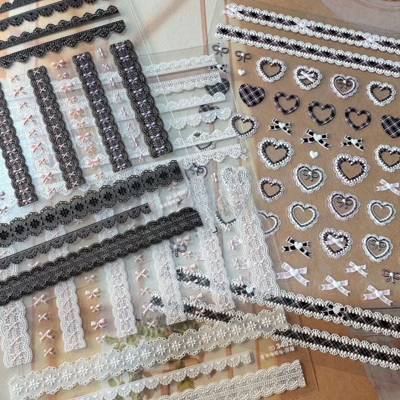 

3 шт./компл., тисненые наклейки для журнала для скрапбукинга, каваи, готический кружевной бант, клетчатая наклейка в виде сердца, милые модные канцелярские наклейки для ногтей
