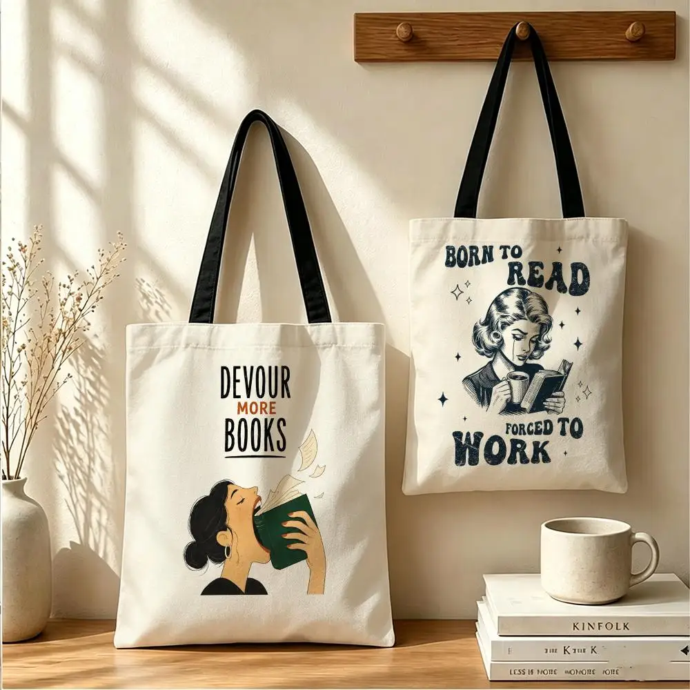 Vintage Bookworm Reader Storage Bags Canvas Tote Bag Large Capacity Reusable  Shopping Commute Grocery Shoulder Bag Gift