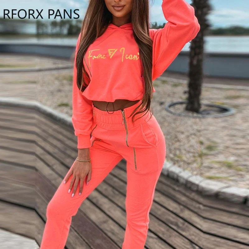 Letter Print Hoodie & Zipper Design Sweatpants Set Women Two Pieces Sets