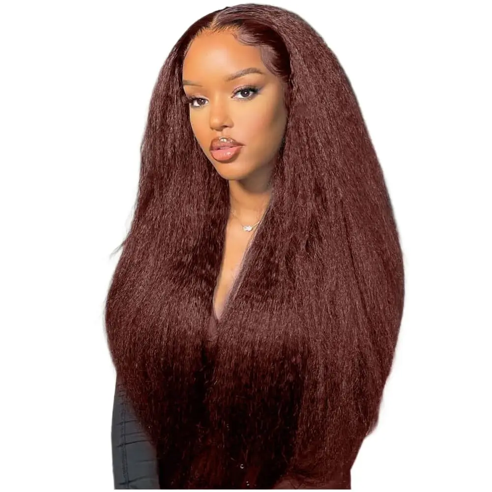 Reddish Brown Kinky Straight Human Hair Wigs Pre Plucked 13x4 13X6 Transparent Lace Frontal Wig 4x4 Lace Closure Wig