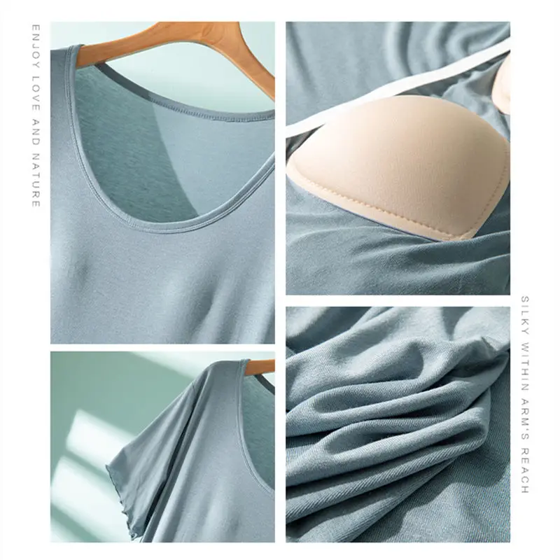 Thin Modal Dress Women's Summer Outdoor Wear with Chest Pad One-Piece Nightgown Home Clothes Short Sleeve Base Dress
