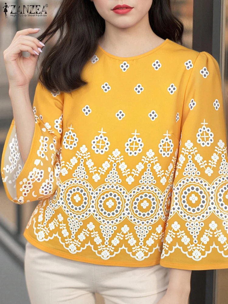 

ZANZEA Women Blouses Fashion 3/4 Flare Sleeve Tops Vintage Floral Printed Blusas Summer O Neck Pullover 2025 Casual Tunics