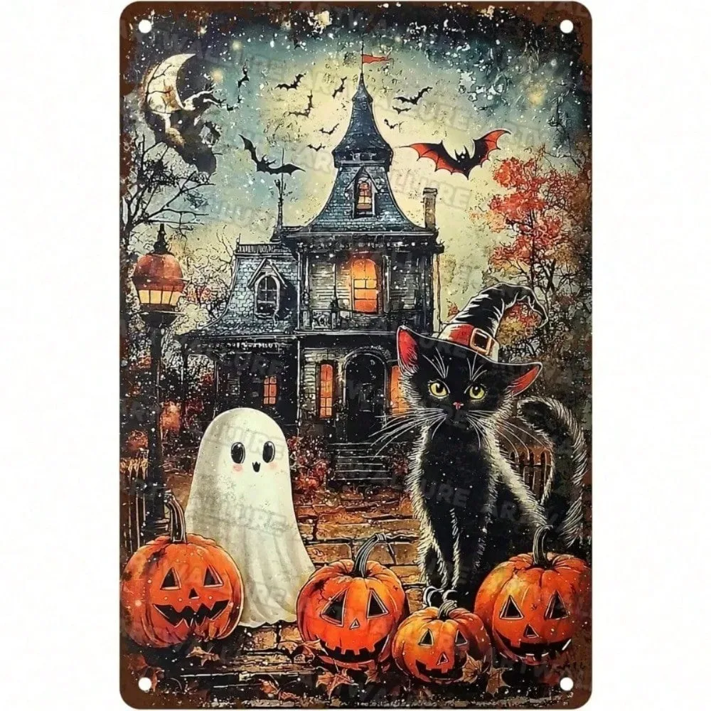 

Halloween Black Cat Vintage Tin Sign Funny Metal Wall Art for Home Decor Bar Cafe Retro Kitchen