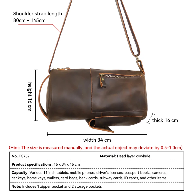 

Men'S Crossbody Bag, Crazy Horse Leather Cylindrical Bag, Shoulder Bag, Retro Men'S Chest Bag, Light Luxury Retro
