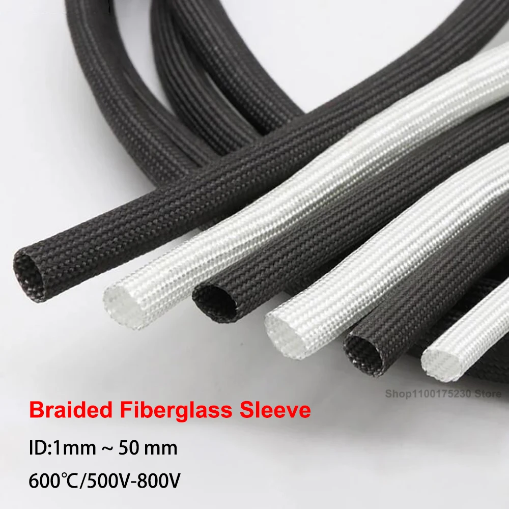 ID 1mm ~ 50 mm Braided Fiberglass Sleeve White Black 600℃ High Temperature Chemical Glass Fiber Tube Fiberglass Sleeving