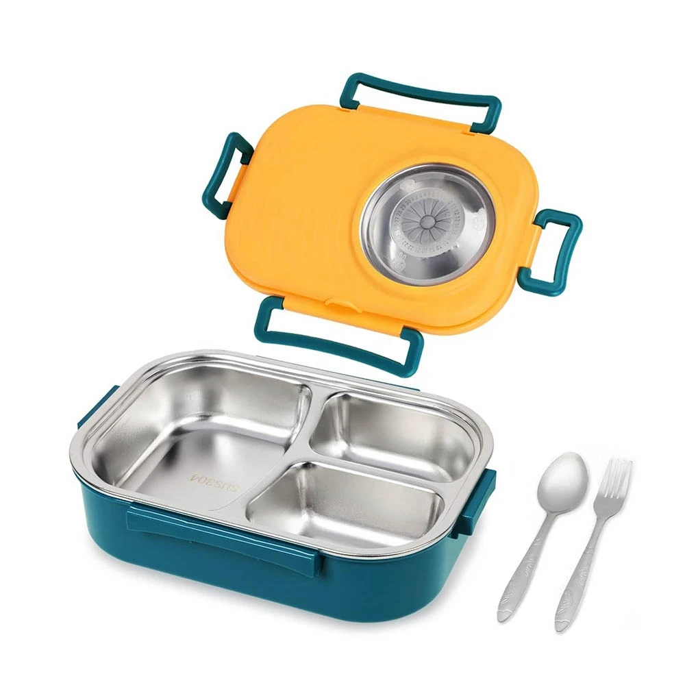 Stainless  Insulated Bento Lunch  3 Compartments School Lunch  with Reusable Sauce Bowl Fork Spoon