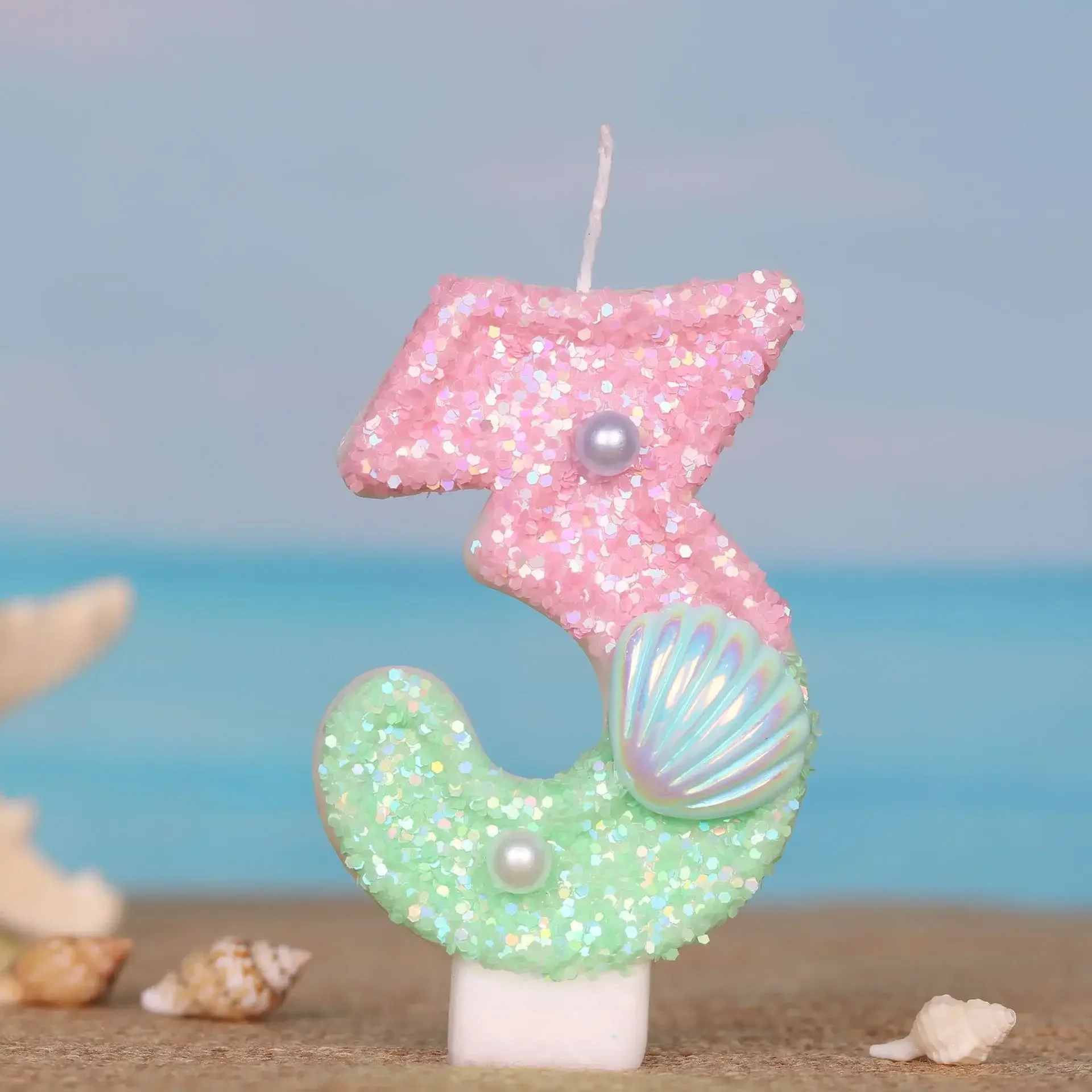 Ocean Mermaid 0-9 Number Birthday Candles - Pink Green Sequins Cake Topper for Girls Party Decoration