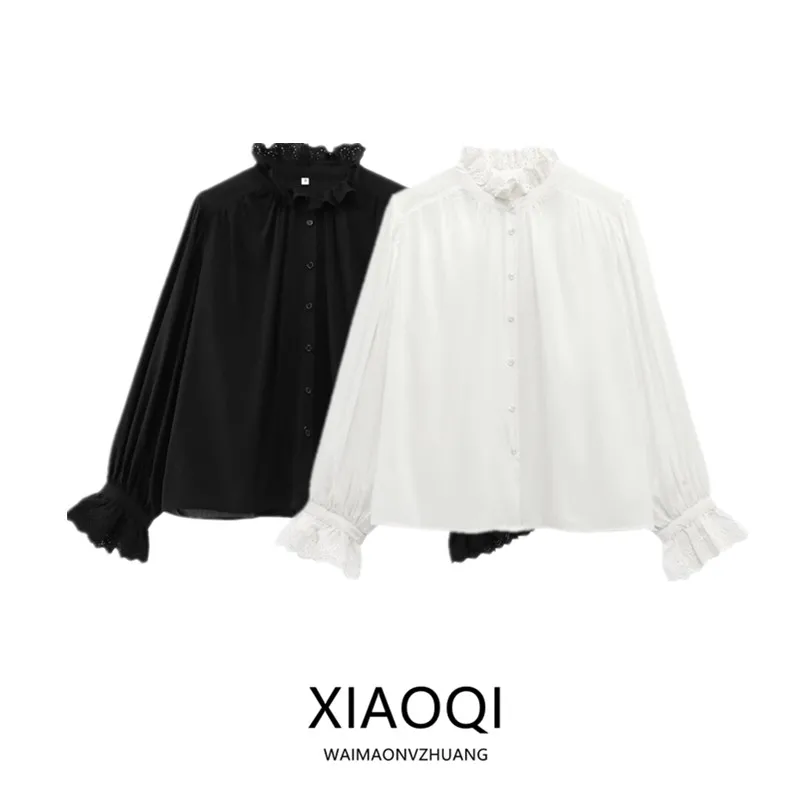 Primavera 2025 Csa Fena Casual Respirável Bordada com Recortes Versátil de Caimento Solto com Manga Longa Design Faion