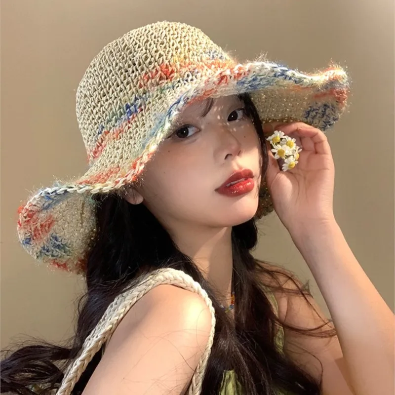 Color Woven Big Brim Hat Women's Seaside Vacation Sunshade Breathable Bucket