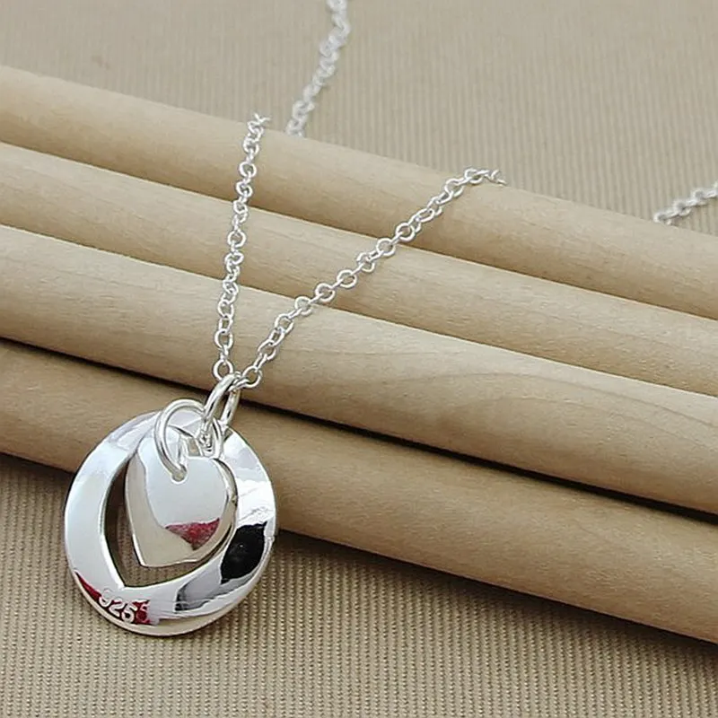 

925 Sterling Silver Heart Round Pendant Necklace 18 Inch Chain For Woman Man Wedding Engagement Party Charm Jewelry