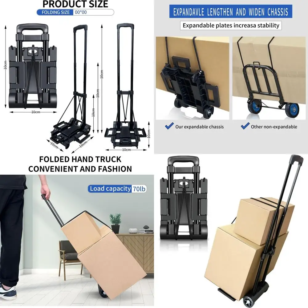 

Складная тележка с 2 колесами и тросами, портативная платформенная тележка для тяжелых грузов, идеально подходит для путешествий и офиса, черная