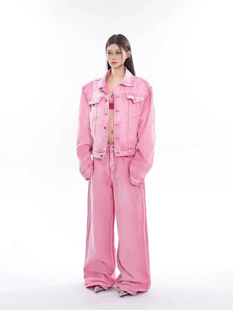 Unisex Personalized Trendy Pink Two Piece Wide Leg Pants Silhouette Denim Jacket With High Streetwear Wide Leg Jeans Pants