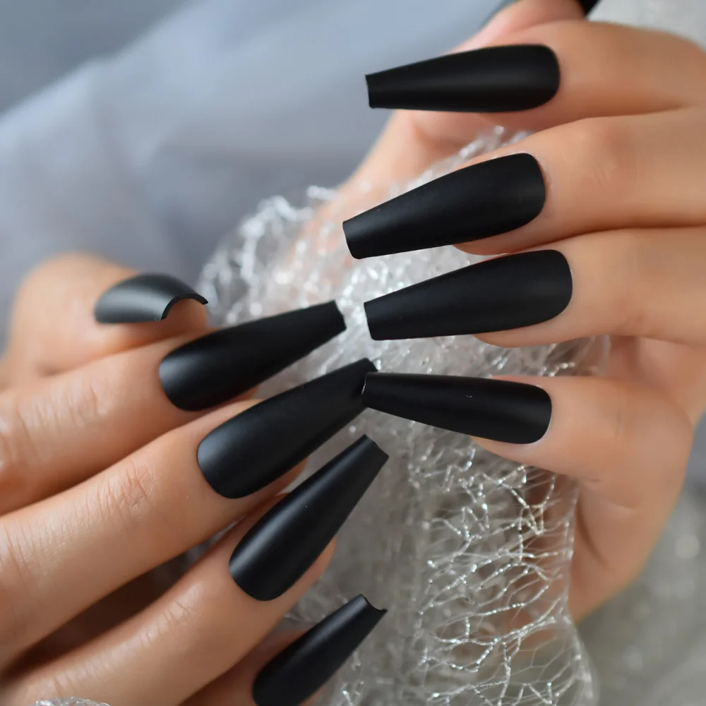 Solid Black Super Long Fake Nail Coffin Matte Press on Nails Frosted Ballerina Acryl Falsche Nägel Tipps Cosplay Party Salon Lady