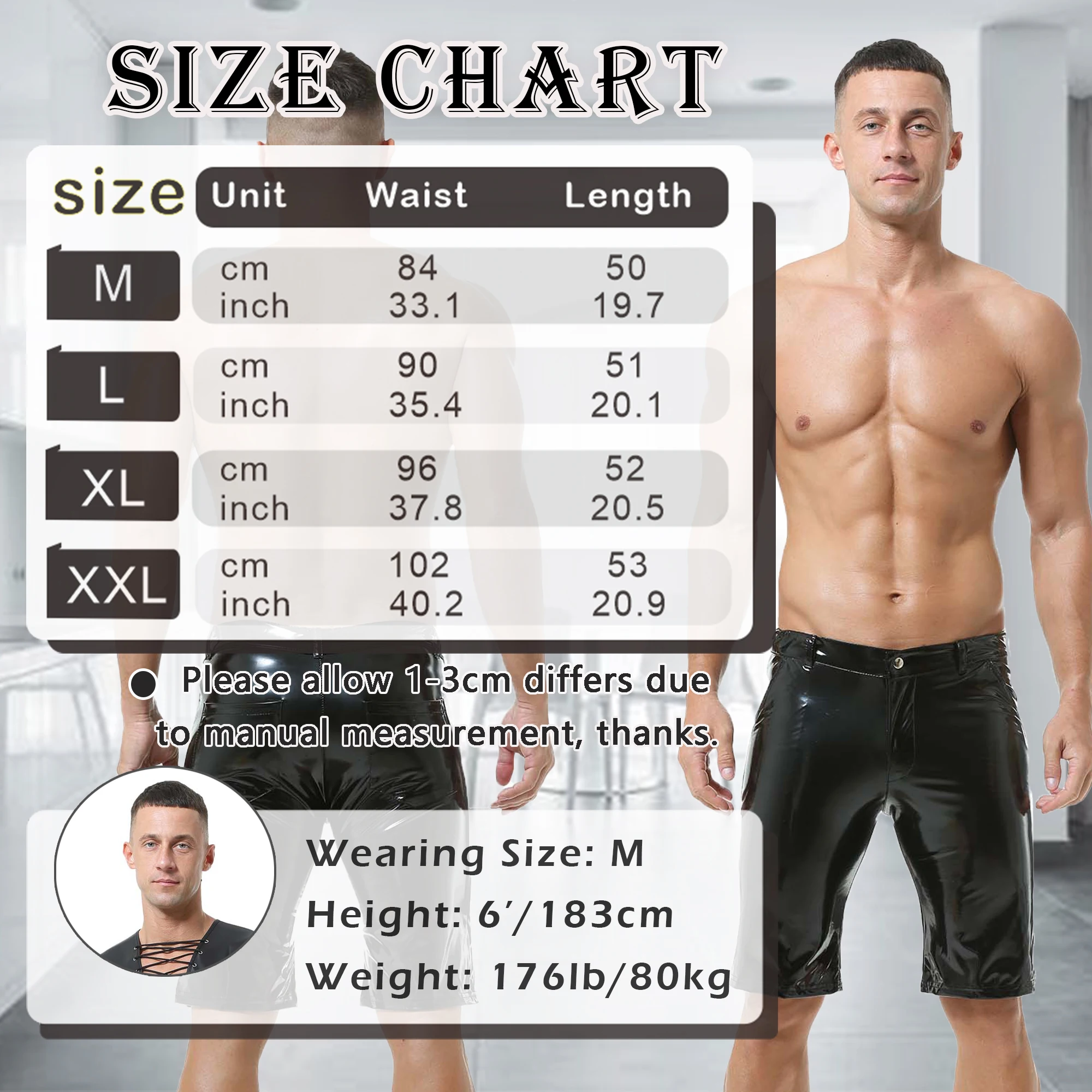 Men Casual PVC Leather Shiny Shorts Fashion Men Solid Color Wet Look Leather Short Pant Slim Clubwear Stage Performance Costume