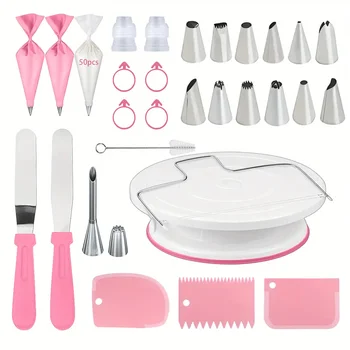 80PCS Cake Decorating Set-Non-Slip Turntable with 14 Piping Tips, Scrapers & Tools for…