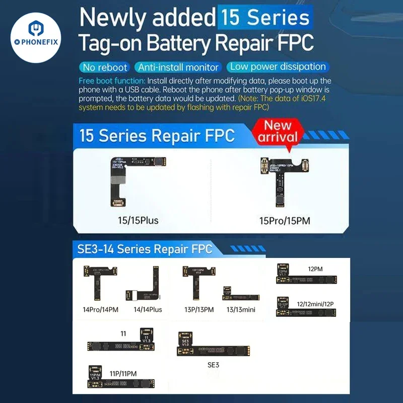 JCID Battery Repair Tag on Flex Cable for iPhone 11 12 13 14 15 16ProMax Solve Battery Pop up Warning Improve Battery Efficiency