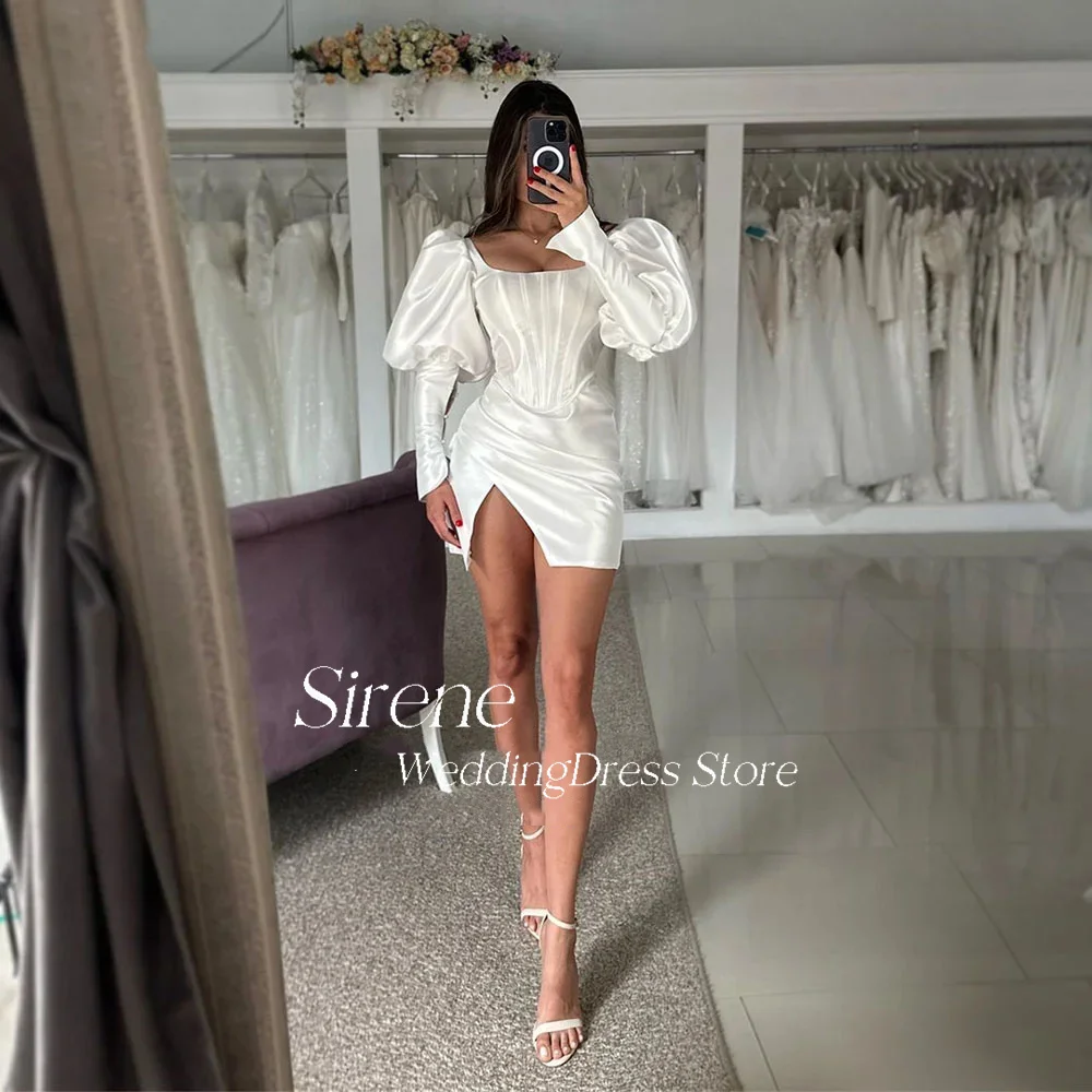 

Sirene Elegant Square Collar Long Puffy Sleeves Stain Short Wedding Dresses Sexy Above Knee Pleated Side Slit Mini Bridal Gowns