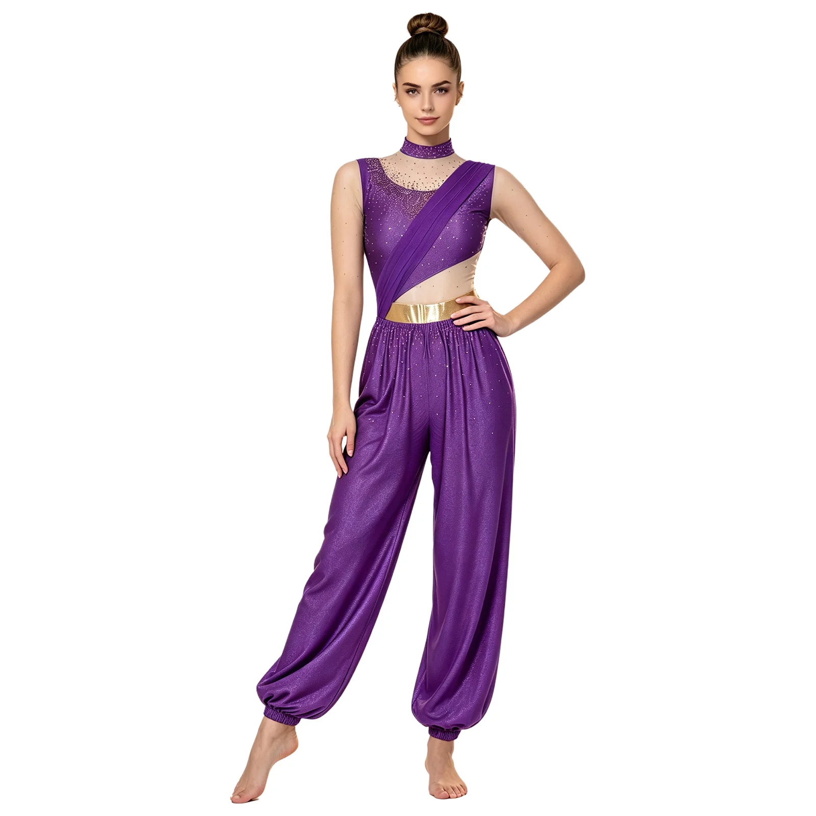 Bauchtanz-Outfit für Damen mit Strasssteinen, Märchenprinzessin-Kostüm, Transparenter Mesh-Jumpsuit mit Langen Ärmeln und Metallischer Taillenlinie – Detail 11