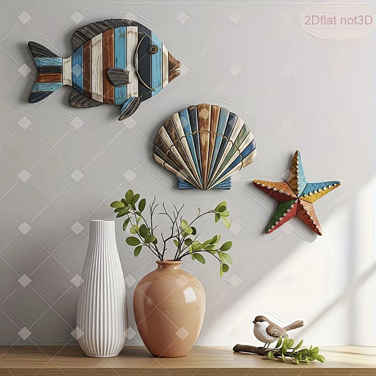 3Pcs Coastal Ocean Wooden Wall Decor Set, Fish Seashell Starfish Wall Art