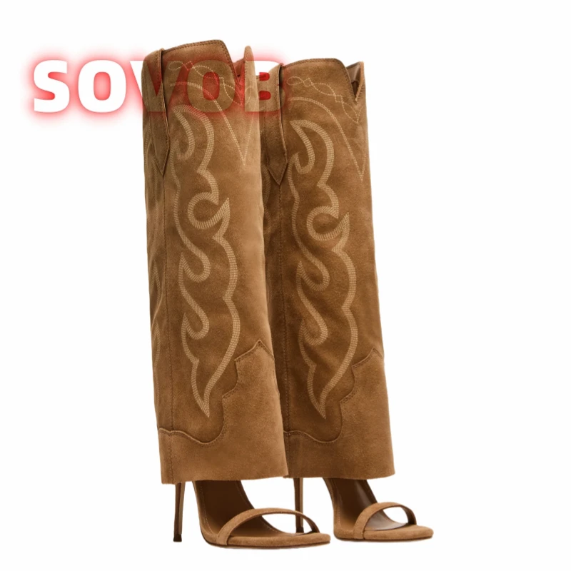 

Western Embroidered Rider Boots Women'S Rounded Open Toe Knee-high Boot Female Autumn Fashion High Heels Vintage Boots