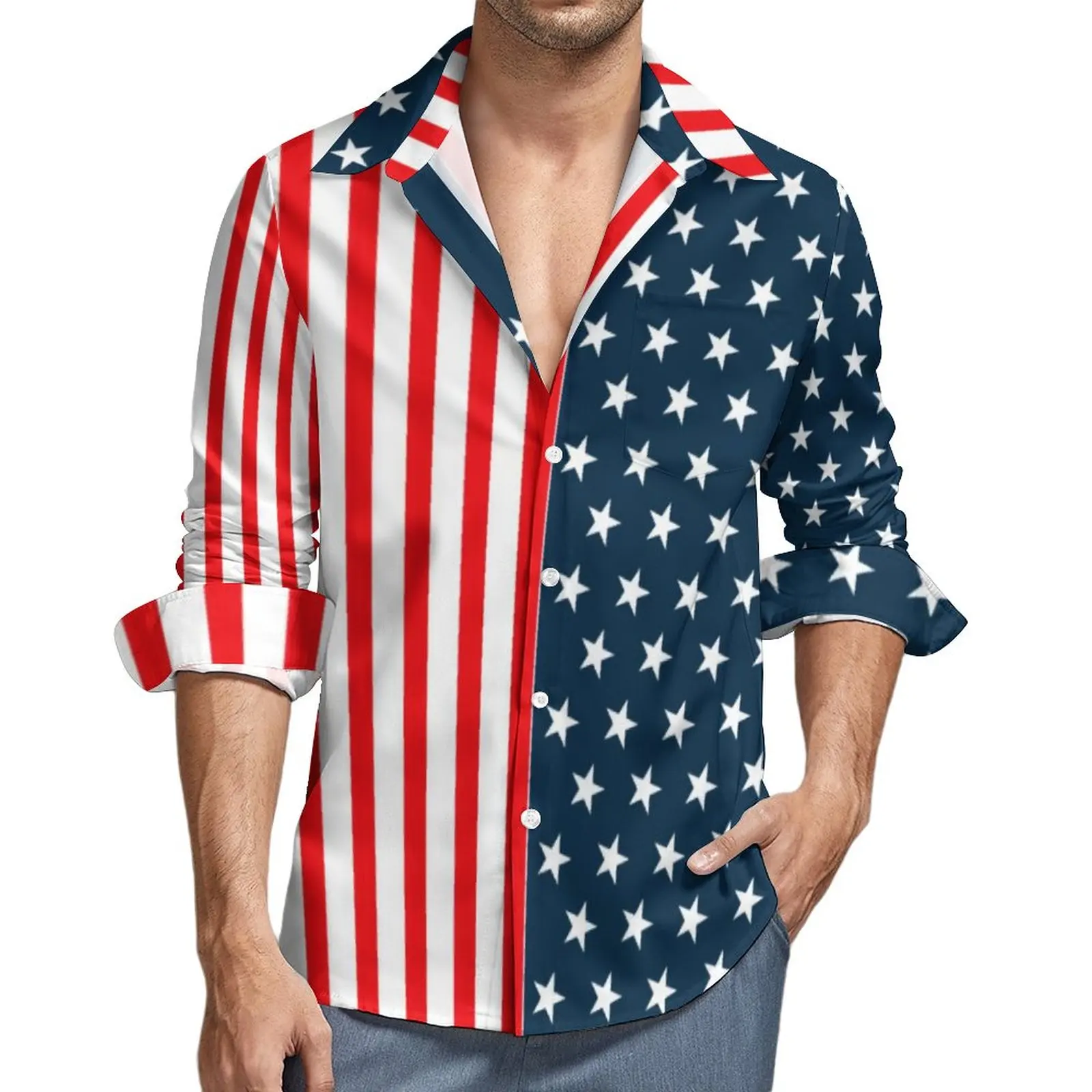 Camisas de manga larga para hombre, ropa con estampado 3D, Tops casuales, blusa Vintage suelta, rayas, bandera de las estrellas de EE. UU., moda de