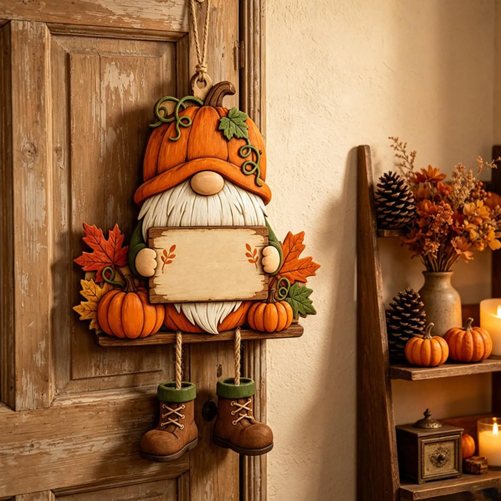 Pumpkin Maple LeafDwarf 2D Wooden Hanging Sign Retro Pastoral Fall Harvest Wall Autumn Thanksgiving Front Door Ornament Holiday