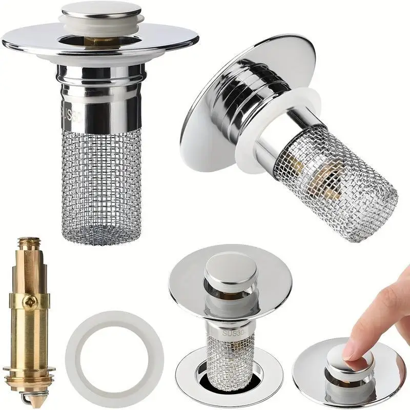 Bathroom Sink Hair Catcher & Stopper - Universal Pop Up Drain Filter with Stainless Steel Basket, Drain Strainer
