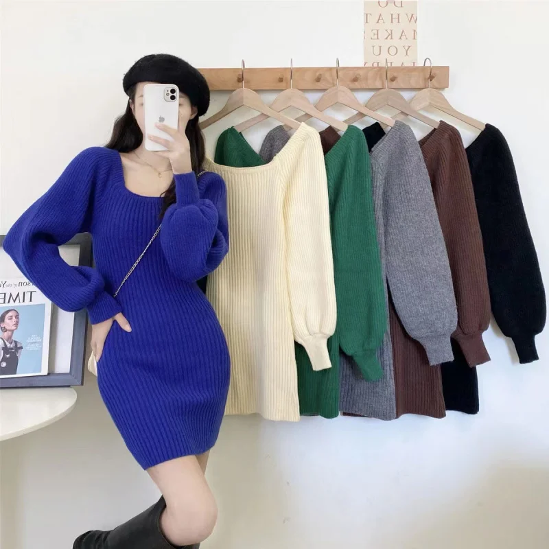 

Solid Color Square Collar Knitted Dress Sweater Long Sleeves Loose Slimming Sexy Lazy Style