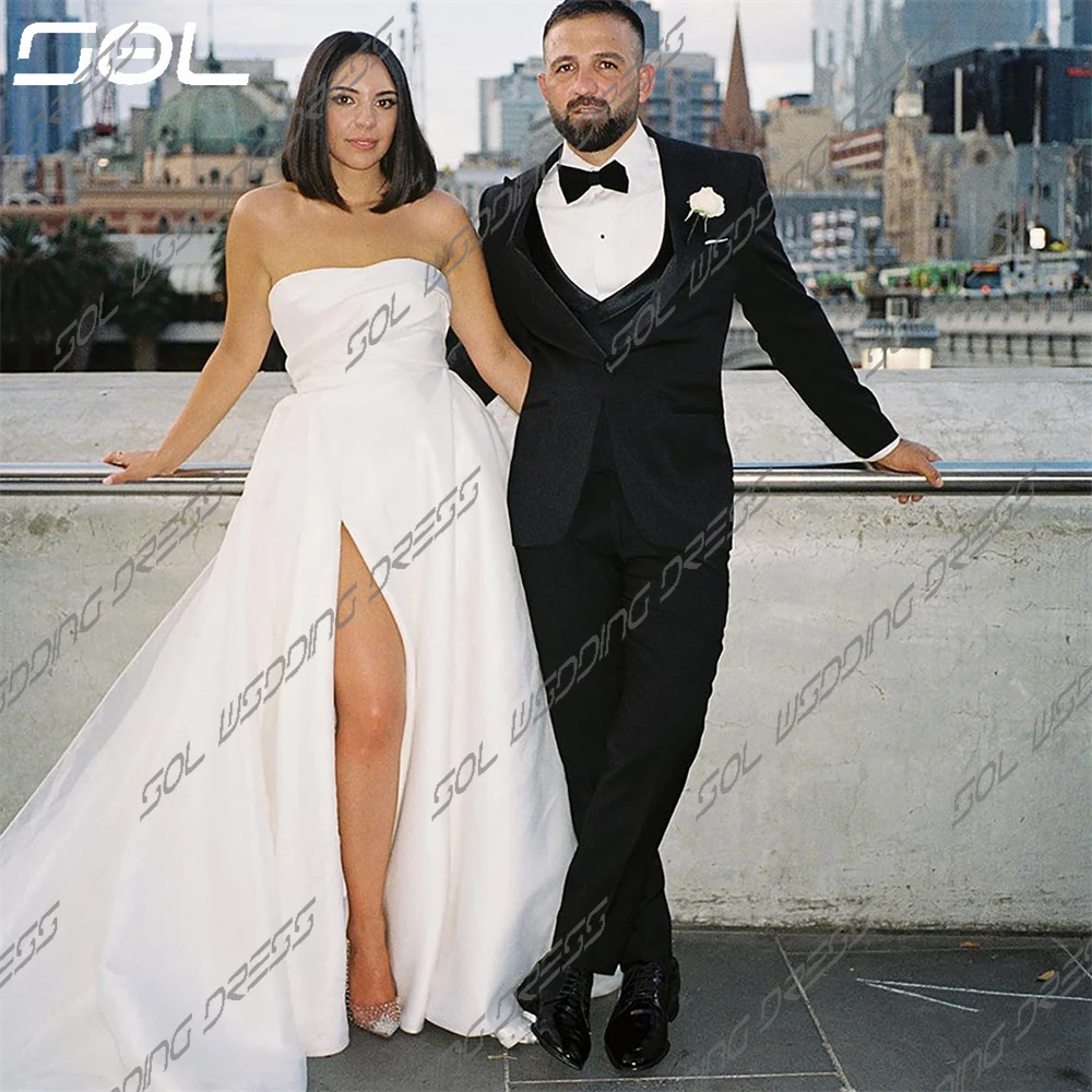 Vestido De Novia De satén sin tirantes con espalda descubierta, elegante, desmontable, línea A