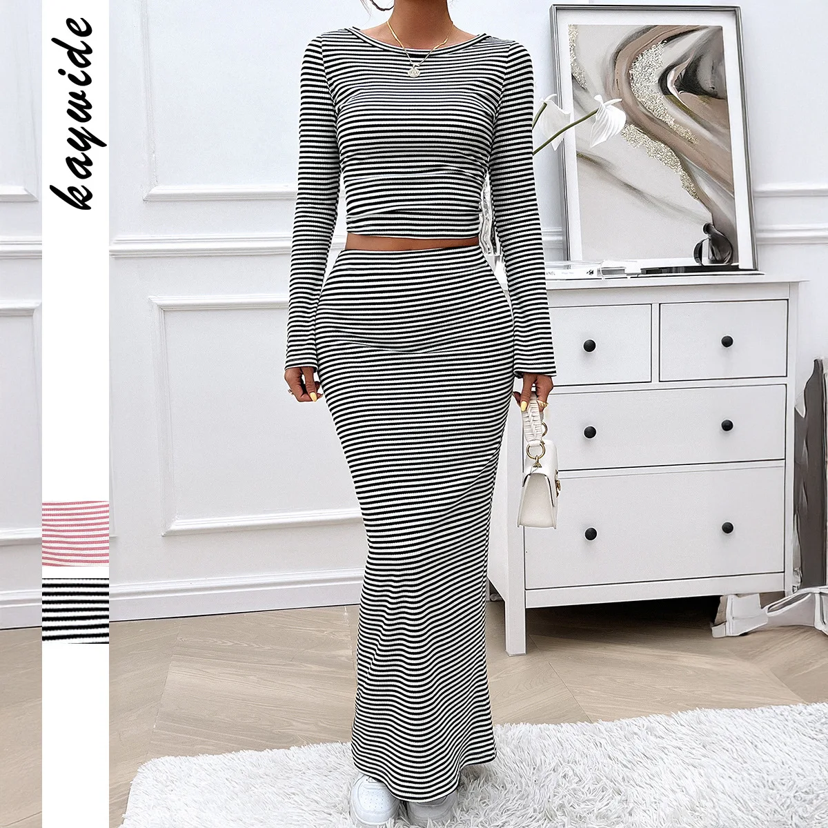 Y2Kスパイスガールズ風ストライプTシャツとヒップスカートのセット レディース服 2025春夏 Amazon海外貿易