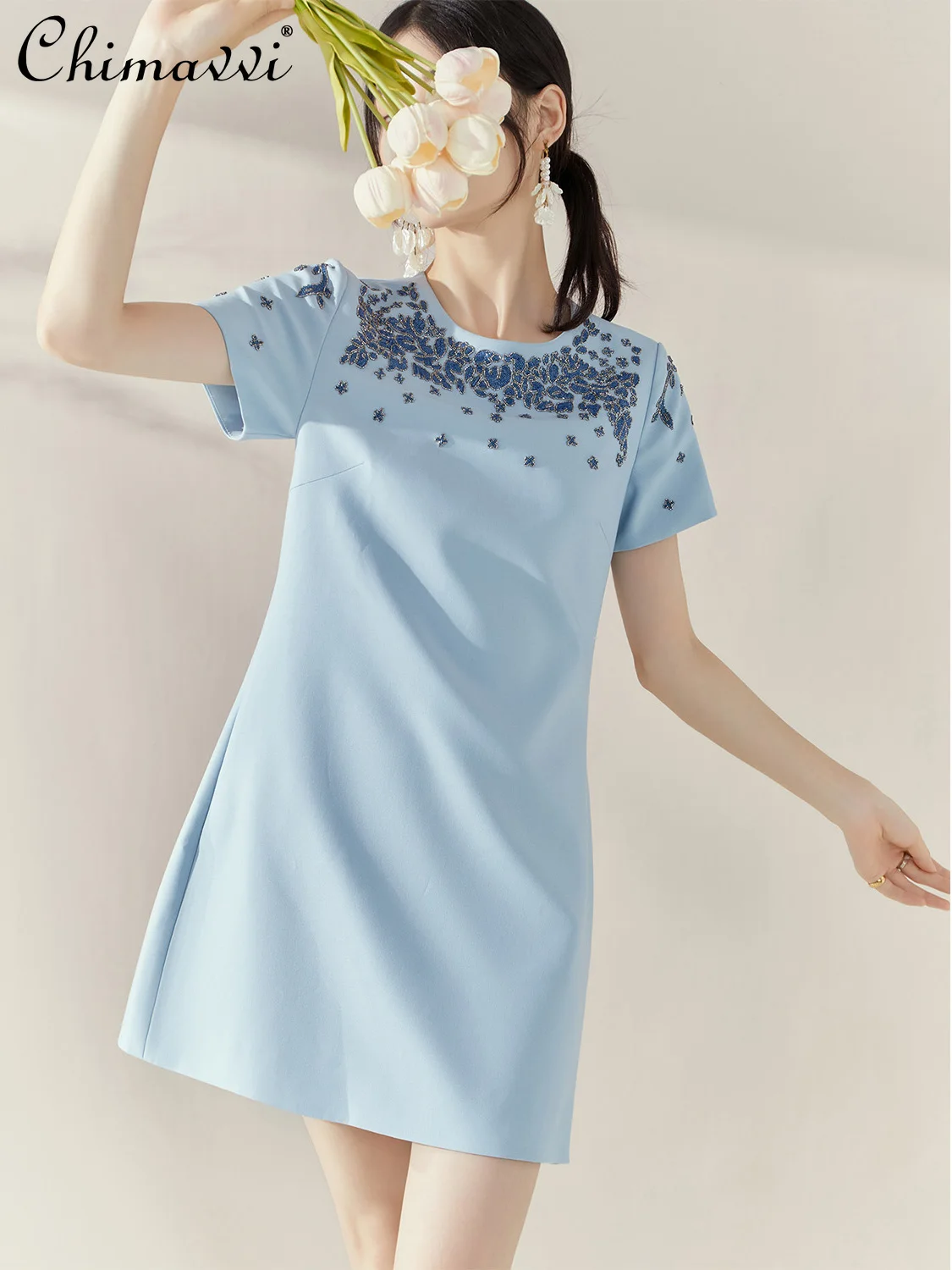 

French Elegant Luxury Socialite Summer Dresses Bead Crew Neck Short Sleeve High Waist A-line Temperament Blue Mini Dress Women